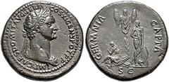 RÖMER, KAISERZEIT. Domitianus 81-96, Sesterz 85, Rom. Av.: IMP CAES DOMIT AVG GERM COS XII CENS POT P P, belorbeerter Kopf mit Aegis nach rechts. Rv.: GERMANIA CAPTA // S-C, Tropaeum, rechts stehender