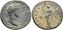 RÖMER, KAISERZEIT. Antoninus Pius 138-161, Sesterz 140-144, Rom. Av.: ANTONINVS AVG PIVS P P TR P COS III, belorbeerter Kopf nach rechts. Rv.: SECVRITAS PVBLICA // S-C, Securitas mit Lanze lehnt sich 