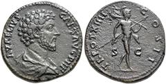 RÖMER, KAISERZEIT. Marcus Aurelius als Caesar 139-161, Sesterz 159-160, Rom. Av.: AVRELIVS CAESAR AVG P II F, Kopf nach links. Rv.: TR POT XIIII COS II // S-C, Mars mit Lanze und Tropaeum schreitet na