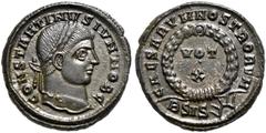 RÖMER, KAISERZEIT. Constantinus II. als Caesar 317-337, Follis 321-324, Siscia. Av.: CONSTANTINVS IVN NOB C, belorbeerter Kopf nach rechts. Rv.: CAESARVM NOSTRORVM // BSIS (Sonnenstrahlen), im Lorbeer