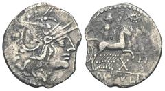 RÖMER, REPUBLIK. M. Tullius 120 v. Chr., Denar 120 v. Chr., Rom. Av.: ROMA, Kopf der Roma mit Greifenhelm nach rechts. Rv.: M·TVLLI, Victoria in Quadriga nach rechts, Zügel und Palmenzweig haltend, da