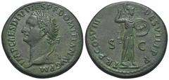 RÖMER, KAISERZEIT. Domitianus als Caesar 69-81, Sesterz 81, Rom. Av.: IMP CAES DIVI VESP F DOMITIAN AVG P M, belorbeerter Kopf nach links. Rv.: TR P COS VIII DES VIII P P, Minerva mit Speer und Schild
