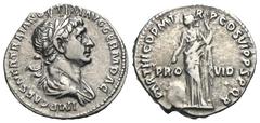 RÖMER, KAISERZEIT. Traianus 98-117, Denar 116-117, Rom. Av.: IMP CAES NER TRAIAN OPTIM AVG GERM DAC, drapierte und belorbeerte Büste nach rechts. Rv.: PARTHICO P M TR P COS VI P P SPQR // PRO-VID, Pro