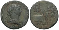RÖMER, KAISERZEIT. Traianus 98-117, Sesterz 114-117, Rom. Av.: IMP CAES NER TRAIANO OPTIMO AVG GER DAC P M TR P COS VI P P, gepanzerte, drapierte und belorbeerte Büste nach rechts. Rv.: IMPERATOR VIII