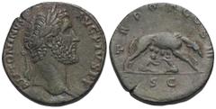 RÖMER, KAISERZEIT. Antoninus Pius 138-161, Sesterz 140-144, Rom. Av.: ANTONINVS AVG PIVS P P, belorbeerter Kopf nach rechts. Rv.: TR POT COS III // S-C, Wölfin säugt Zwillinge. 21,67 g. RIC III: 648. 