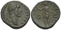 RÖMER, KAISERZEIT. Antoninus Pius 138-161, Sesterz 145-161, Rom. Av.: ANTONINVS AVG PIVS P P TR P, belorbeerter Kopf nach rechts. Rv.: COS IIII, S-C Kaiser mit Nimbus hält Zweig und Speer. 20,79 g. RI