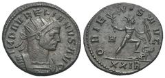 RÖMER, KAISERZEIT. Aurelianus 270-275, Antoninian 275, Rom. Av.: IMP AVRELIANVS AVG, gepanzerte Büste mit Strahlenkrone nach rechts. Rv.: ORIEN·S AVG // XXIR, Sol mit Bogen und Zweigbündel nach rechts