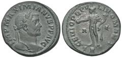RÖMER, KAISERZEIT. Maximianus Herculius 286-310, Follis 298-299, Augusta Treverorum. Av.: IMP MAXIMIANVS P F AVG, belorbeerter Kopf nach rechts. Rv.: GENIO POPVLI ROMANI / A / ✱, Genius mit Patera und