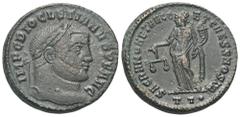 RÖMER, KAISERZEIT. Diocletianus 284-305, Follis 300-303, Ticinum. Av.: IMP C DIOCLETIANVS P F AVG, belorbeerter Kopf nach rechts. Rv.: SACRA MONET AVGG ET CAESS NOSTR // TT•, Moneta mit Waage und Füll