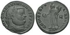 RÖMER, KAISERZEIT. Maximianus Herculius 286-310, Follis 304-305, Antiochia. Av.: IMP C M A MAXIMIANVS P F AVG, belorbeerter Kopf nach rechts. Rv.: GENIO POPV-LI ROMANI // H // ANT•, Genius mit Modius,