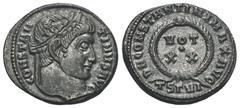RÖMER, KAISERZEIT. Constantinus I. 306-337, Follis 324, Thessaloniki. Av.: CONSTAN-TINVS AVG, belorbeerter Kopf nach rechts. Rv.: D N CONSTANTINI MAX AVG // TSΓVI, in einem Kranz VOT·XX. 3,49 g. RIC V