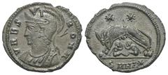 RÖMER, KAISERZEIT. Constantinus I. 306-337, Follis 333-336, Heraclea. Av.: VRBS ROMA, behelmte und drapierte Büste der Roma nach links. Rv.: Lupa Romana säugt Romulus und Remus nach links, darüber zwe