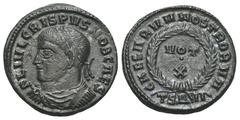 RÖMER, KAISERZEIT. Crispus 317-326, Follis 324, Thessaloniki. Av.: FL IVL CRISPVS NOB CAES, gepanzerte und belorbeerte Büste nach links. Rv.: CAESARVM NOSTRORV // TSΔVI, im Lorbeerkranz VOT·X. 3,26 g.