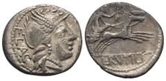 RÖMER, REPUBLIK. L. Rutilius Flaccus 77 v. Chr., Denar 77 v. Chr., Rom. Av.: FLAC, behelmter Kopf der Roma nach rechts. Rv.: L • RVTILI, Victoria mit Kranz in Biga nach rechts. 3,78 g. Crawford: 387/1