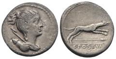 RÖMER, REPUBLIK. C. Postumius 74 v. Chr., Denar 74 v. Chr., Rom. Av.: Büste der Diana mit Bogen und Köcher nach rechts. Rv.: C • POSTVMI // AT, springender Jagdhund nach rechts, darunter Speer. 3,83 g