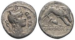 RÖMER, REPUBLIK. C. Hosidius C. f. Geta 68 v. Chr., Denar 68 v. Chr., Rom. Av.: GETA / III VIR, drapierte Büste der Diana mit Bogen und Köcher nach rechts. Rv.: C • HOSIDI • C • F, von Lanze getroffen