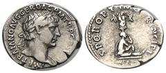 RÖMER, KAISERZEIT. Traianus 98-117, Denar 103-107, Rom. Av.: IMP TRAIANO AVG GER DAC P M TR P COS V P P, belorbeerte und drapierte Büste nach rechts. Rv.: SPQR OPTIMO PRINCIPI, gefangener Daker sitzt 