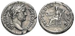 RÖMER, KAISERZEIT. Hadrianus 117-138, Denar 134-138, Rom. Av.: HADRIANVS AVG COS III P P, Kopf nach rechts. Rv.: VICTORIA AVG, Victoria mit Kranz und Palmzweig auf Thron nach links. 3,53 g. RIC II: 28