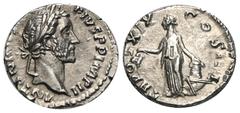RÖMER, KAISERZEIT. Antoninus Pius 138-161, Denar 155-156, Rom. Av.: ANTONINVS AVG PIVS P P IMP II, belorbeerter Kopf nach rechts. Rv.: TR POT XIX COS IIII, Annona nach links stehend, Kornähren in der 