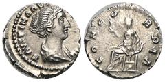 RÖMER, KAISERZEIT. Faustina Minor 147-176, Denar 152-153, Rom. Av.: FAVSTINA AVG PII AVG FI, drapierte Büste nach rechts. Rv.: CONCORDIA, Concordia mit Blume auf Füllhorn gestützt nach links sitzend, 