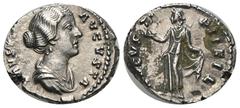 RÖMER, KAISERZEIT. Faustina Minor 147-176, Denar 158, Rom. Av.: FAVSTINA AVGVSTA, drapierte Büste nach rechts. Rv.: AVGVSTI PII FIL, Spes mit Blume und angehobenem Gewand nach links stehend. 3,42 g. R