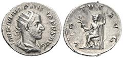 RÖMER, KAISERZEIT. Philippus I. Arabs 244-249, Antoninian 244, Rom. Av.: IMP M IVL PHILIPPVS AVG, drapierte und gepanzerte Büste mit Strahlenkrone nach rechts. Rv.: VIR-TVS AVG, Virtus sitzt mit Lanze