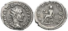 RÖMER, KAISERZEIT. Philippus I. Arabs 244-249, Antoninian 245, Rom. Av.: IMP M IVL PHILIPPVS AVG, drapierte und gepanzerte Büste mit Strahlenkrone nach rechts. Rv.: P M TR P II COS P P, Philipp sitzt 