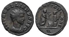 RÖMER, KAISERZEIT. Aurelianus 270-275, Antoninian 270-275, Mediolanum. Av.: IMP AVRELIANVS AVG, gepanzerte Büste mit Strahlenkrone nach rechts. Rv.: ROMAE AETER-NAE // Q, auf einem Schild sitzende Rom