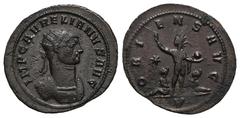 RÖMER, KAISERZEIT. Aurelianus 270-275, Antoninian 274-275, Siscia. Av.: IMP C AVRELIANVS AVG, gepanzerte Büste mit Strahlenkrone nach rechts. Rv.: ORI-ENS AVG // V, Sol im Grußgestus mit Erdkugel fron