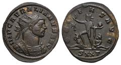 RÖMER, KAISERZEIT. Aurelianus 270-275, Antoninian 270-275, Ticinum, 6. Offizin. Av.: IMP C AVRELIANVS AVG, gepanzerte Büste mit Strahlenkrone nach rechts. Rv.: ORI-ENS AVG // SXXT, Sol im Grußgestus m