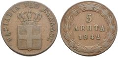 EUROPA & ÜBERSEE GRIECHENLAND. Otto I. 1832-1862 5 Lepta 1842 Athen Divo: 21 KM: 16 Fast sehr schön