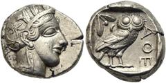 GRIECHISCHE MÜNZEN ATTIKA Athen Tetradrachme 454-404. Av.: Archaischer Kopf der Athena nach rechts, auf ihrem Helm drei Olivenblätter und ein Pflanzentrieb. Rv.: Im Quadratum Incusum Eule nach rechts,