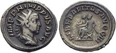RÖMISCHE KAISERZEIT Philippus I. Arabs (244-249) Antoninian 247-249, Rom. 4,17 g. Av.: IMP PHILIPPVS AVG, gepanzerte und drapierte Büste mit Strahlenkrone nach rechts. Rv.: LIBERALITAS AVGG III, Phili