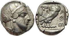 GRIECHISCHE MÜNZEN ATTIKA. Athen. Tetradrachme ca. 430-420 17,19 g. Av.: Archaischer Kopf der Athena nach rechts, auf ihrem Helm drei Olivenblätter und ein Planzentrieb. Rv.: ATHE, im Quadratum Incusu