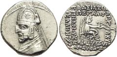 GRIECHISCHE MÜNZEN PARTHIA. Königreich der Arsakiden. Orodes I. (90-77) Drachme 90-77 Rhagae 3,98 g. Av.: diademierte Büste in Ornat mit Tiara nach links, auf der Tiara Stern. Rv.: Arsakes sitzt mit B