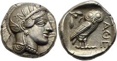GRIECHISCHE MÜNZEN ATTIKA Athen Tetradrachme ca. 430-420 Av.: Archaischer Kopf der Athena nach rechts, auf ihrem Helm drei Olivenblätter und ein Planzentrieb. Rv.: AThE, im Quadratum Incusum Eule nach