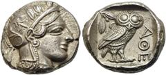 GRIECHISCHE MÜNZEN ATTIKA Athen Tetradrachme ca. 430-420 Av.: Archaischer Kopf der Athena nach rechts, auf ihrem Helm drei Olivenblätter und ein Planzentrieb. Rv.: ATHE, im Quadratum Incusum Eule nach
