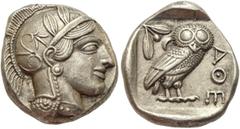 GRIECHISCHE MÜNZEN ATTIKA Athen Tetradrachme ca. 430-420 Av.: Archaischer Kopf der Athena nach rechts, auf ihrem Helm drei Olivenblätter und ein Planzentrieb. Rv.: ATHE, im Quadratum Incusum Eule nach