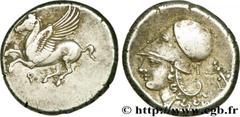 CORINTHIA - CORINTH Statère c. 330 AC. Corinthe silver (21mm, 8,57g, 6h) Obverse : Q (koppa archaïque) Pégase volant à gauche, les ailes déployées Reverse : Tête d'Athéna à gauche, coiffée du casque c