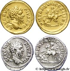 SEPTIMIUS SEVERUS Aureus 209 Rome UNIQUE gold (20mm, 7,27g, 6h) Obverse : SEVERVS - PIVS AVG Tête laurée de Septime Sévère à droite (O*) Reverse : P M TR P XVII - COS III P P Septime Sévère, vêtu mili