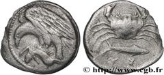 Greek Coins SICILY - AKRAGAS Type : Hemidrachme  Date : c. 413-406 AC.  Mint name / Town : Sicile, Agrigente  Metal : silver  Diameter : 15  mm Orientation dies : 12  h. Weight : 2,01  g. Rarity : R3 