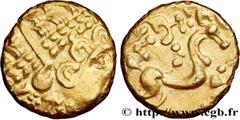 Celtic coins AMBIANI (Area of Amiens) Type : Statère d'or biface au flan court  Date : c. 80-50 AC.  Mint name / Town : Amiens (80)  Metal : gold  Diameter : 17,5  mm Orientation dies : 10  h. Weight 