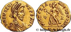 Roman coins EUGENIUS Type : Tremissis  Date : 392-394  Mint name / Town : Trêves  Metal : gold  Diameter : 13  mm Orientation dies : 6  h. Weight : 1,48  g. Rarity : R3  Obverse legend : D N EVGENI-VS