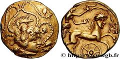 Celtic coins VENETI (Area of Vannes) Type : Statère d’or au sanglier en cimier et à la roue  Date : IIe siècle avant J.-C.  Mint name / Town : Vannes (56)  Metal : gold  Diameter : 19  mm Orientation 