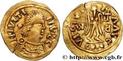 Merovingian Coinage IMITATION AT THE NAME OF JUSTIN II Type : Tremissis  Date : 565-578  Mint name / Town : Brioude ?  Metal : gold  Diameter : 14,5  mm Orientation dies : 6  h. Weight : 1,33  g. Obve