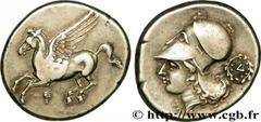 CORINTHIA - CORINTH Statère c. 330 AC. Corinthie, Corinthe silver (21mm, 8,59g, 3h) Obverse : Q (koppa archaïque) Pégase volant à gauche, les ailes déployées Reverse : Tête d'Athéna à gauche, coiffée 