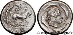 Greek Coins SICILY - SYRACUSE Type : Tétradrachme  Date : c. 460-450 AC.  Mint name / Town : Syracuse, Sicile  Metal : silver  Diameter : 25,5  mm Orientation dies : 6  h. Weight : 16,75  g. Rarity : 