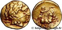 Celtic coins GALLIA - ARVERNI (Area of Clermont-Ferrand) Type : Quart de statère d’or à la joue barrée et au triskèle  Date : c. 120-60 AC.  Metal : gold  Diameter : 12  mm Orientation dies : 10  h. W