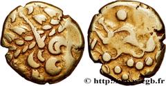 Celtic coins AMBIANI (Area of Amiens) Type : Statère d'or biface au flan court  Date : c. 80-50 AC.  Mint name / Town : Amiens (80)  Metal : gold  Diameter : 17  mm Orientation dies : 3  h. Weight : 6