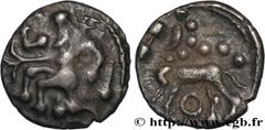 Celtic coins TREVIRI (Area of Trier) Type : Denier d'argent au personnage assis  Date : c. 80-50 AC.  Metal : silver  Diameter : 13  mm Orientation dies : 3  h. Weight : 1,75  g. Rarity : R2  Obverse 